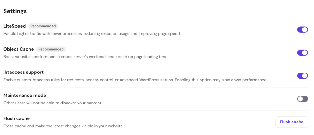Settings page showing LiteSpeed, Object Cache, and .htaccess support toggles, plus Flush cache button