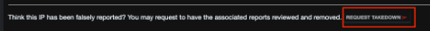 AbuseIPDB page with a Request Takedown button at the top right