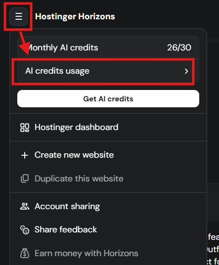 Hostinger Horizons menu with AI credits usage option highlighted