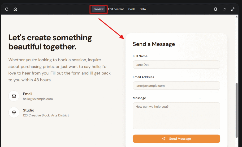 Preview tab and contact form with Send a Message heading highlighted
