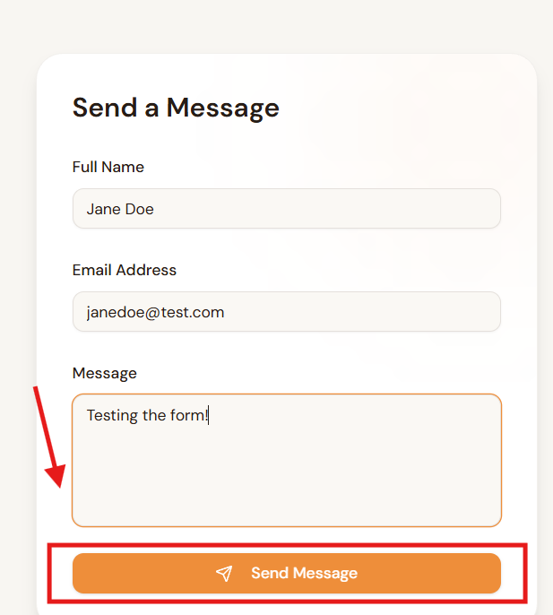 Contact form with Send Message button highlighted at bottom