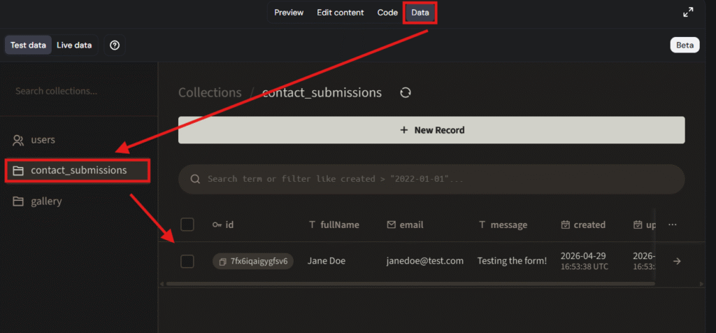 Data tab with contact_submissions collection selected in a database dashboard
