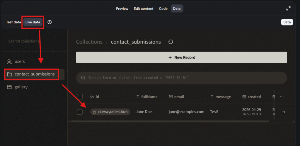 Live data selected with contact_submissions collection row highlighted in a database table