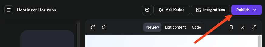 Hostinger Horizons editor with the Publish button highlighted in the top-right menu
