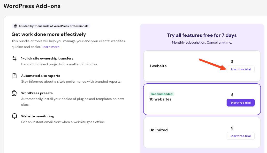 WordPress Add-ons pricing page with highlighted Start free trial button for 1 website