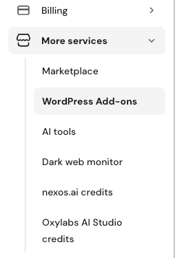Hostinger billing menu with WordPress Add-ons selected in More services dropdown