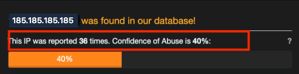 IP abuse confidence score shows 40% for 185.185.185.185, reported 36 times