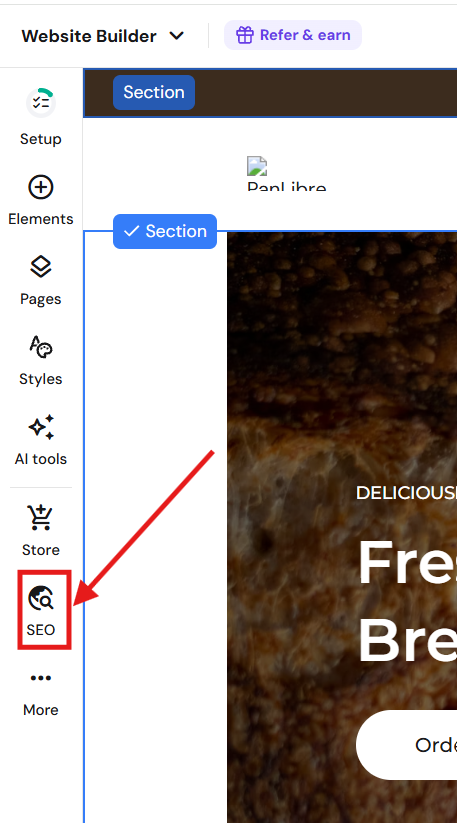 Website builder sidebar with SEO tool highlighted