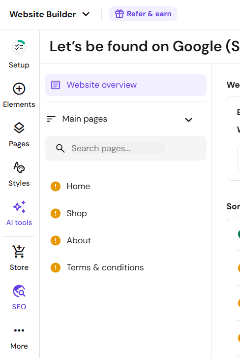 Website Builder SEO panel with Website overview selected and main pages list