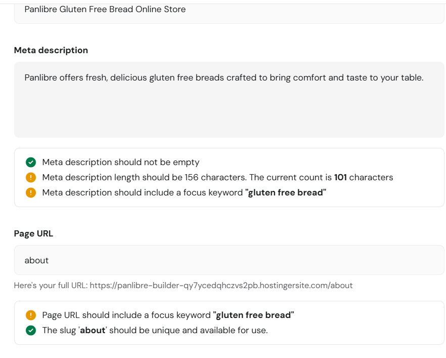 SEO audit interface showing meta description and URL warnings for a gluten free bread page
