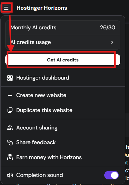 Hostinger Horizons menu with Get AI credits button highlighted