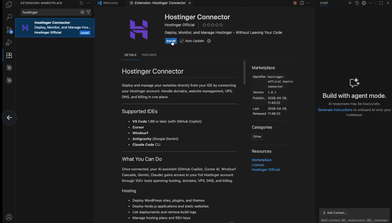 Hostinger Connector extension page in VS Code with the Install button highlighted