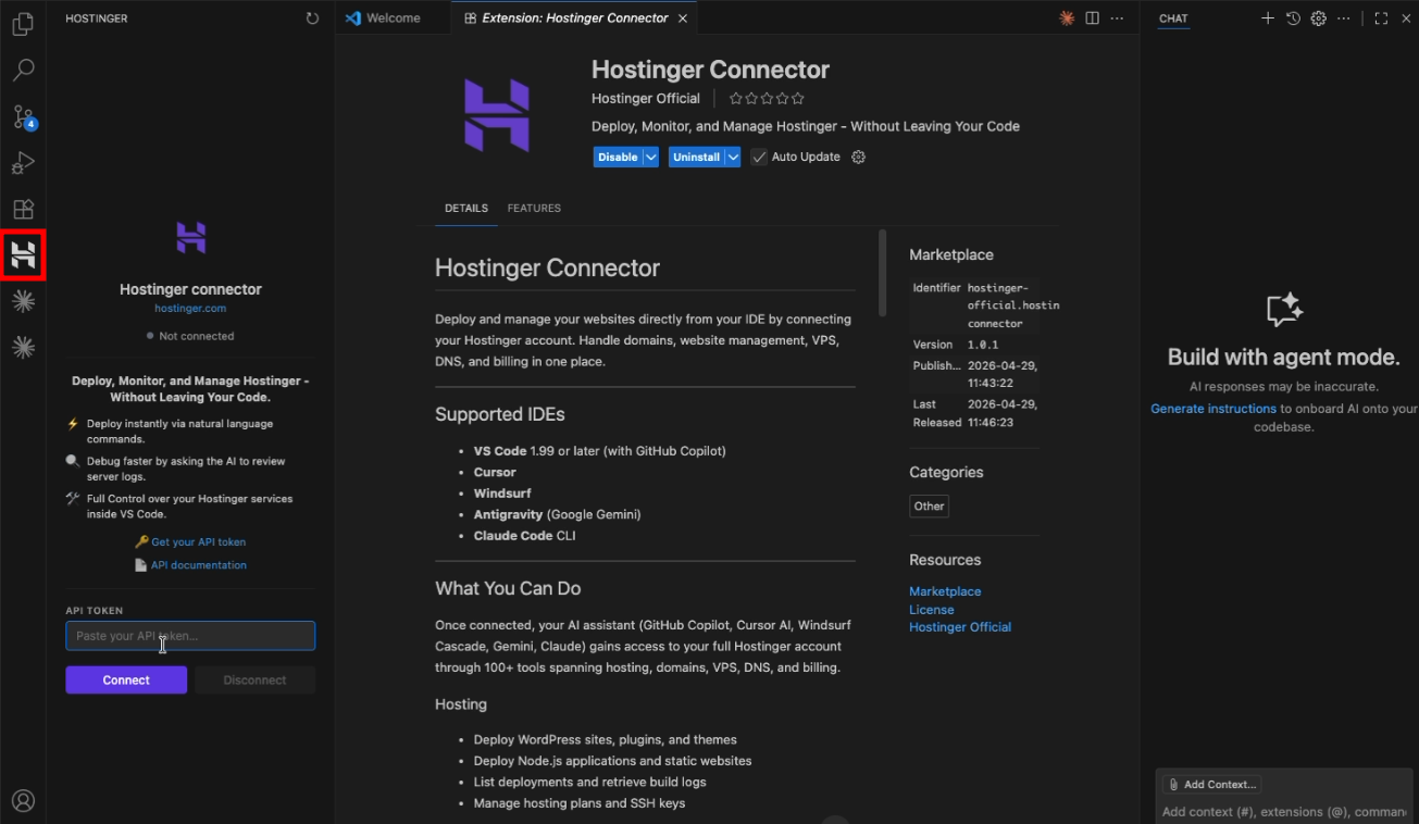Hostinger Connector extension in VS Code with API token field highlighted
