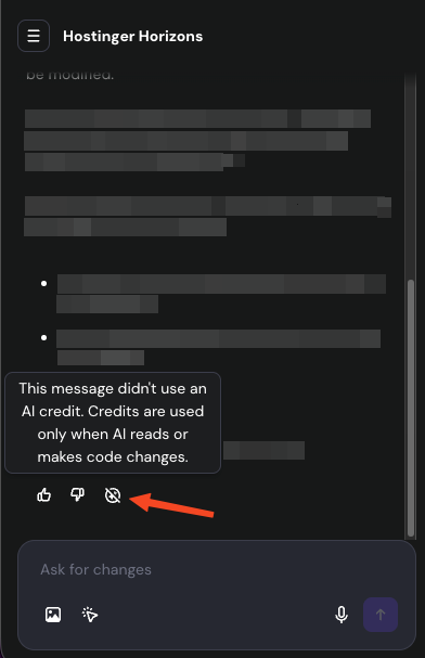 Hostinger Horizons chat showing no AI credit used icon highlighted near the message