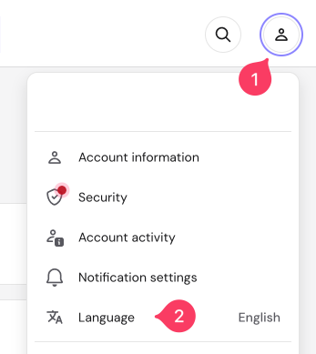 Hostinger hPanel account menu with Language option highlighted, set to English