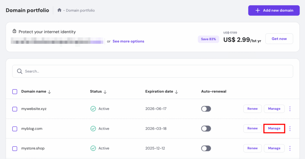 Domain portfolio section in hPanel