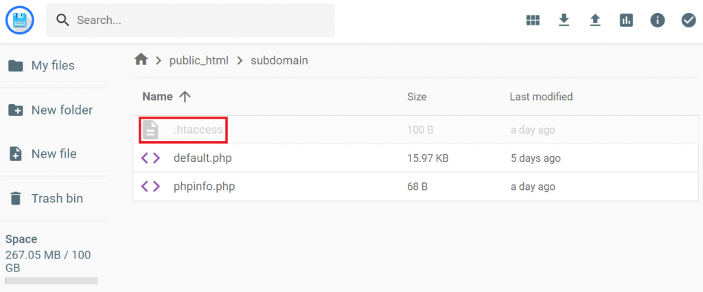 The .htaccess file in the subdomain folder in hPanel's file manager