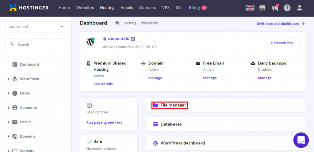 File Manager menu in hPanel