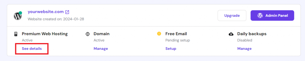 The hosting plan See Details button in hPanel
