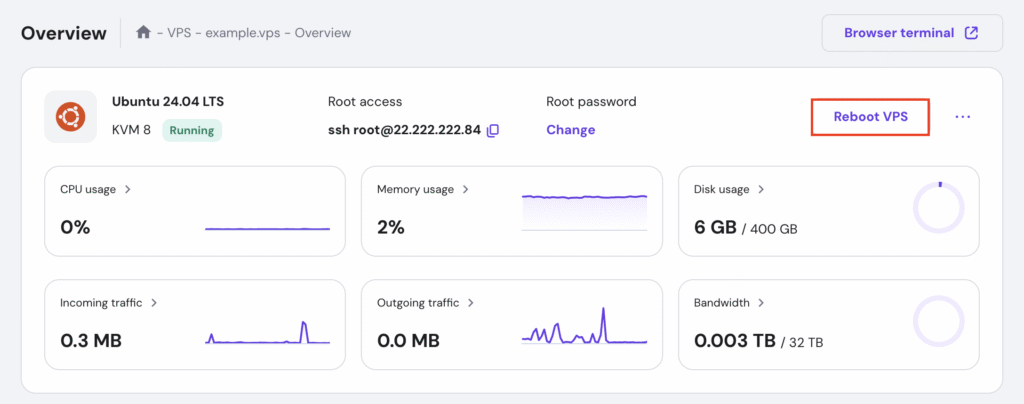 Screenshot of Hostinger hPanel VPS Overview page with the Reboot VPS button highlighted.