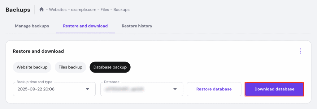 Screenshot of Hostinger hPanel showing the Files → Backups section with the Download database option highlighted.