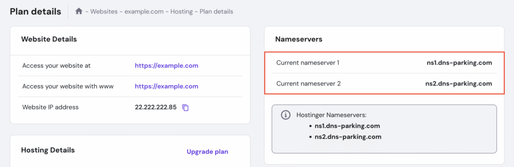 Screenshot of Hostinger hPanel Hosting Plan details page with the current nameservers highlighted.