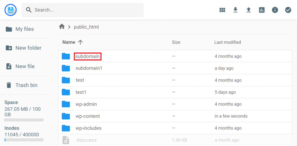 The subdomain folder in File Manager on hPanel