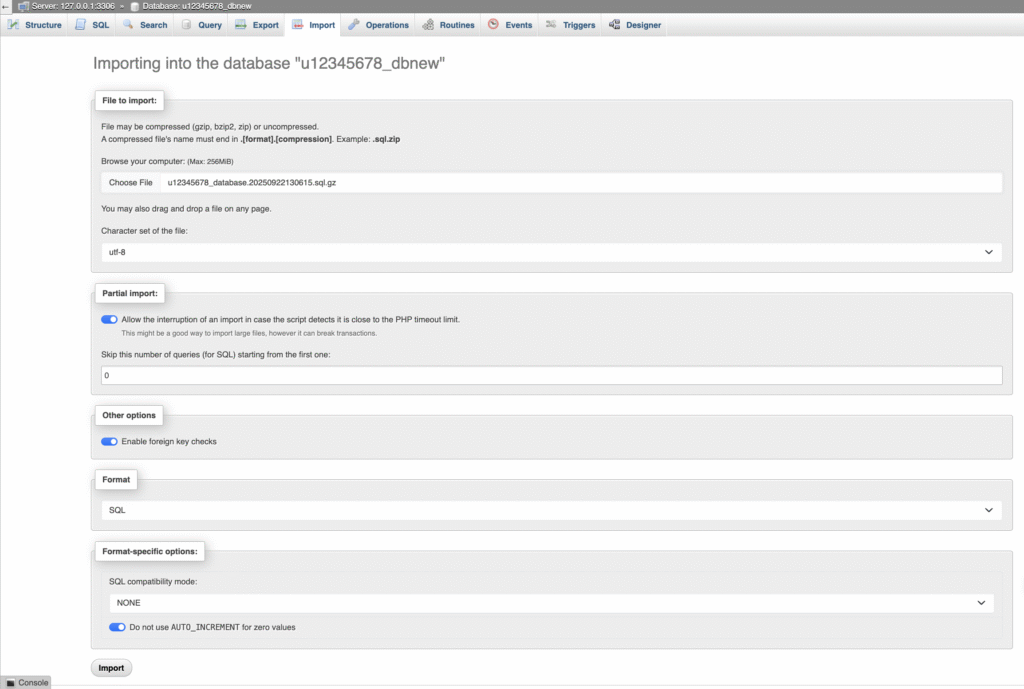 Screenshot of phpMyAdmin’s Import tab with a backup file selected for upload.