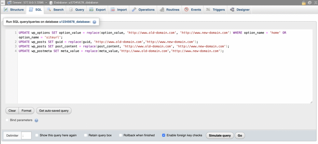 Screenshot of phpMyAdmin with the SQL tab selected to run custom database queries.