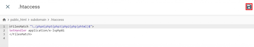 The disk icon for saving the .htaccess file changes