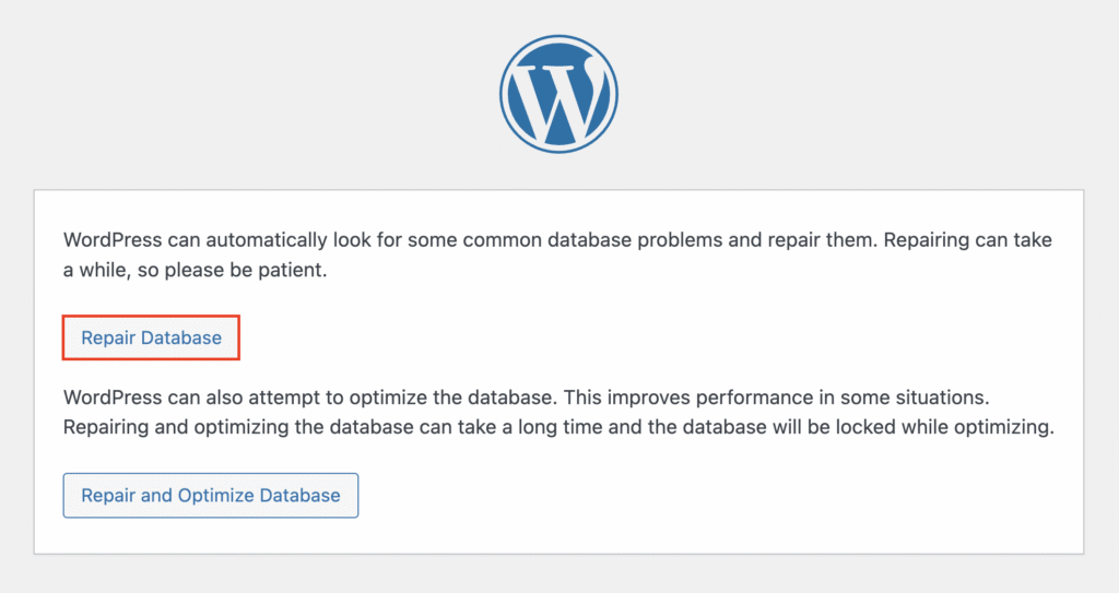 Screenshot of the WordPress admin repair database page with the Repair Database button highlighted.