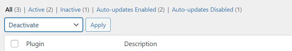 WordPress plugin bulk deactivation menu