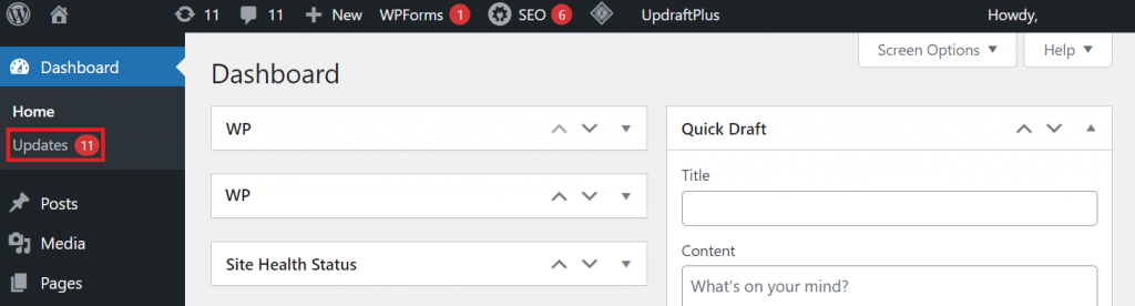 The Updates button on the WordPress dashboard sidebar