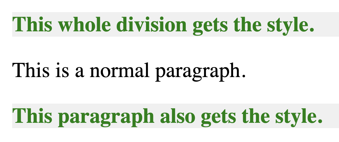 Browser showing HTML elements styled with a CSS class.
