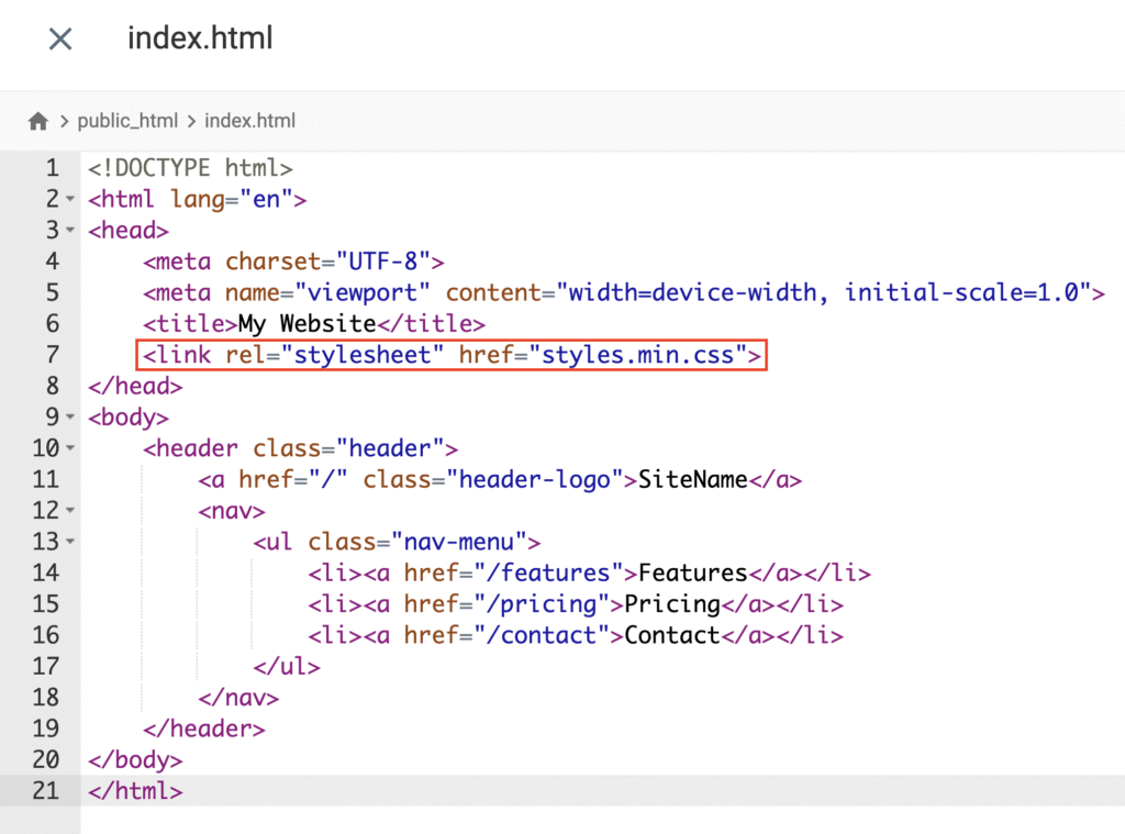 HTML file in Hostinger File Manager with styles.min.css link highlighted