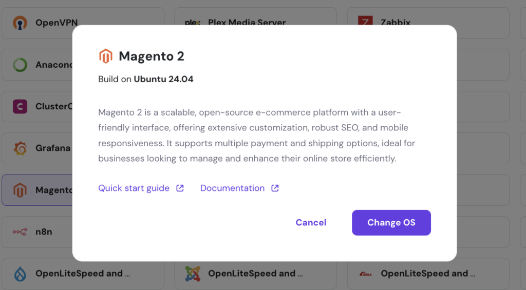 Choosing Magento 2 on Ubuntu 24.04 with the Change OS feature in Hostinger's VPS panel