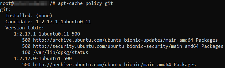 Command prompt window showcasing a command used to check which Git version will be installed with the APT package manager on Ubuntu 20.04