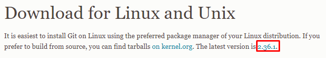 The download page for the latest version of Git. The red border indicates the download URL for Git 2.36.1 version