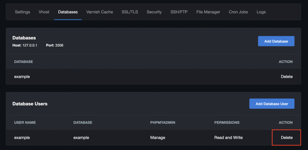 Hosting control panel showing database list with the delete option highlighted.