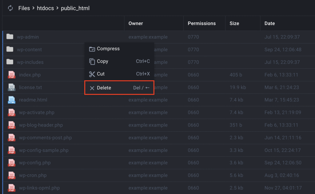 File Manager with all files inside the public_html directory selected for deletion.