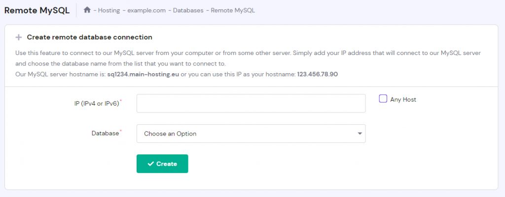 Remote MySQL database panel