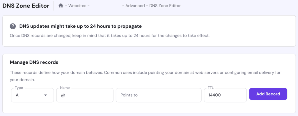 DNS Zone Editor dashboard within hPanel