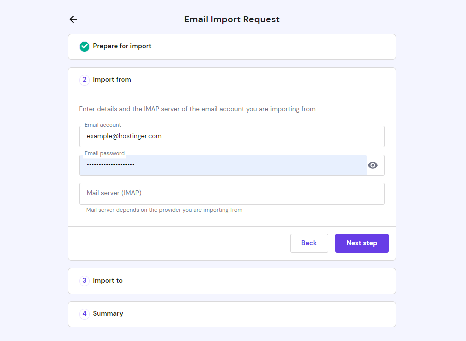 Email Import Request panel showing Import from fields