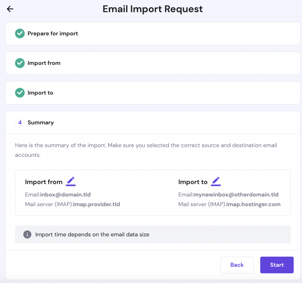 Summary section of Email Import Request panel