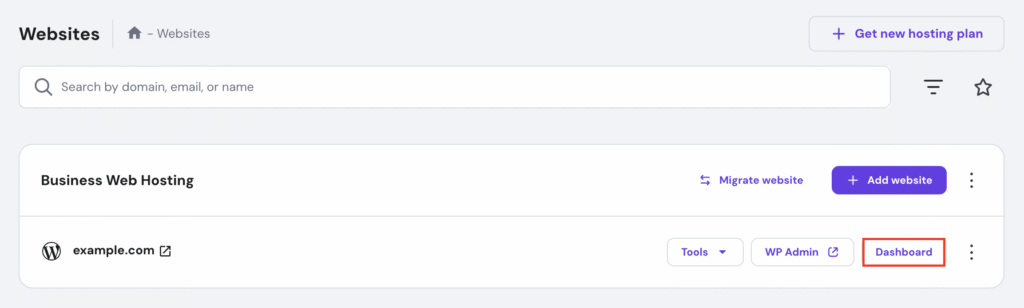 hPanel Websites section with the Dashboard button highlighted next to a site.
