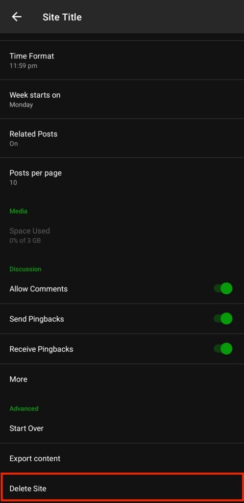 Jetpack app Site Settings screen with the "Delete Site" option highlighted.
