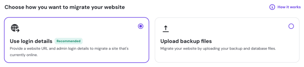 Migration options within hPanel