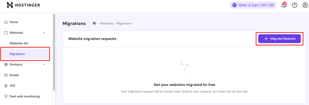 Migrations dashboard within hPanel