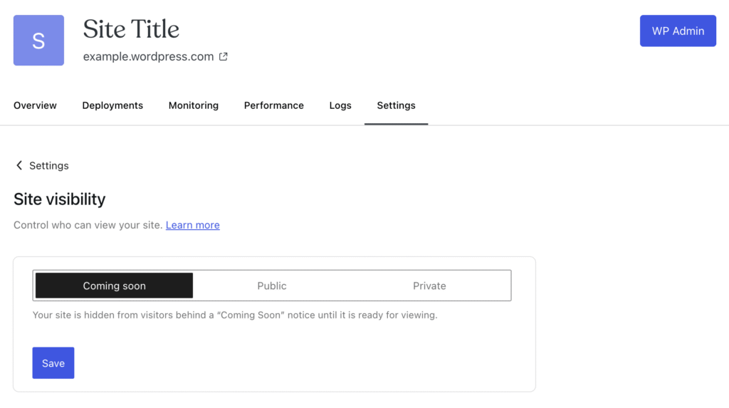 WordPress.com site settings page with the “Coming soon” visibility option selected.