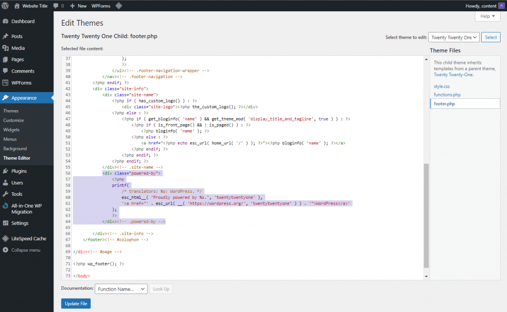 Footer.php file in the WordPress dashboard, highlighting the code that needs to be removed.